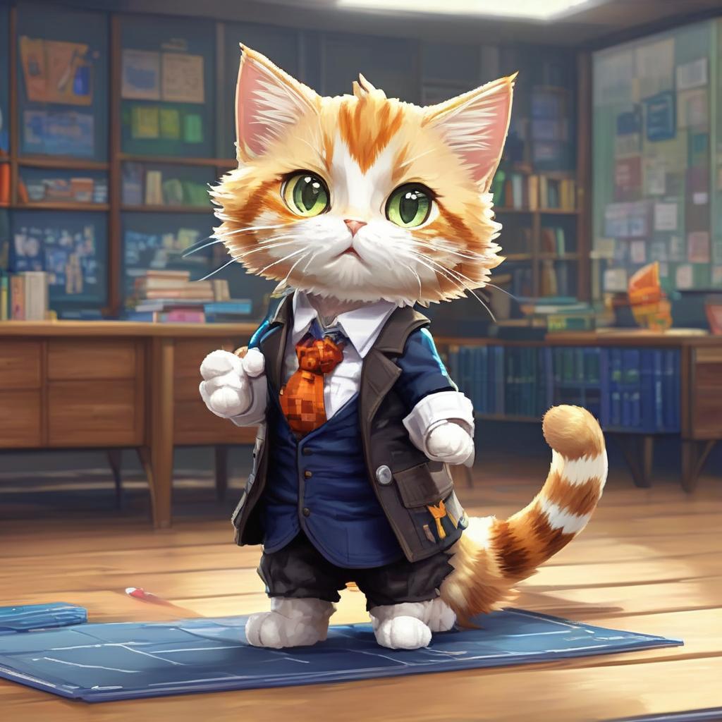 A cat dressed as a professor standing in a classroom